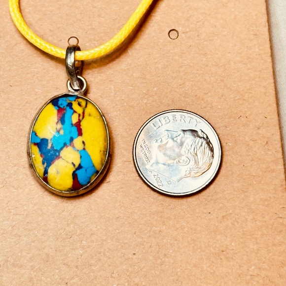 Mosaic Jasper Stone. Yellow, Blue, Purple & Red Oval Pendant EUC - Picture 4 of 5